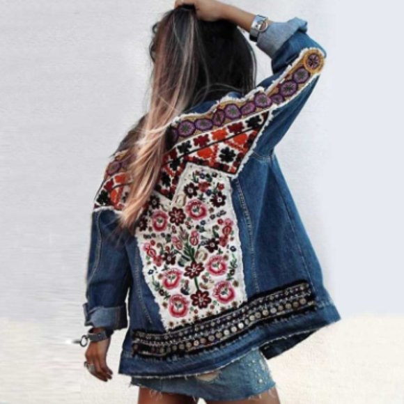 Jackets & Blazers - Boho Denim Blue Floral Embroidered Jean Jacket
